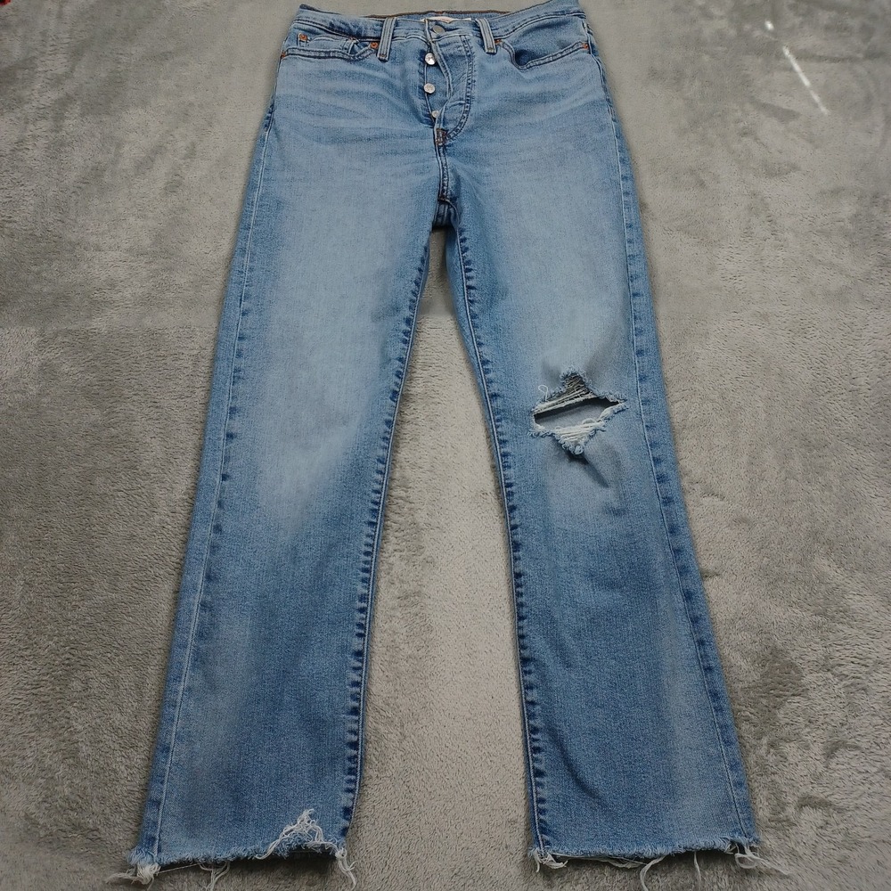 Levi's Wedgie Straight Jeans Womens 29 Blue Light Wash Distressed Button Fly